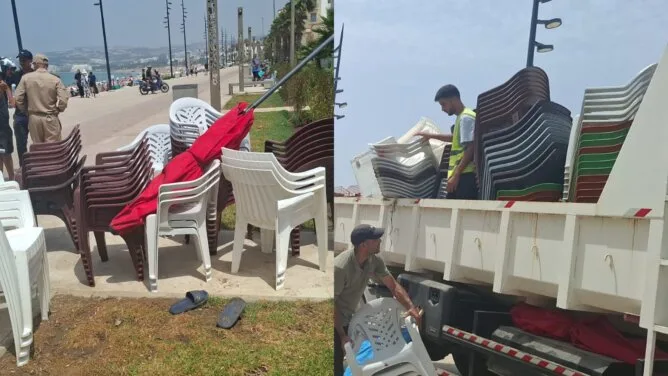 طنجة تحجز مئات الكراسي والطاولات والمظلات في حملة لتحرير الملك العمومي